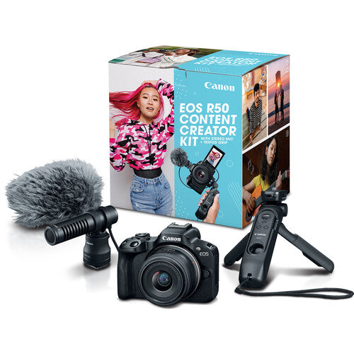Canon EOS R50 Content Creator Kit with 18-45mm Lens, Tripod Grip & Stereo Mic – Black